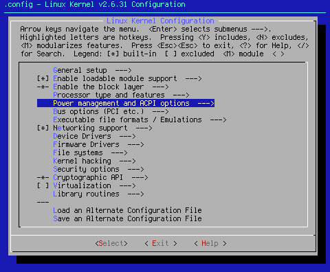 main page with Power management and ACPI options selected